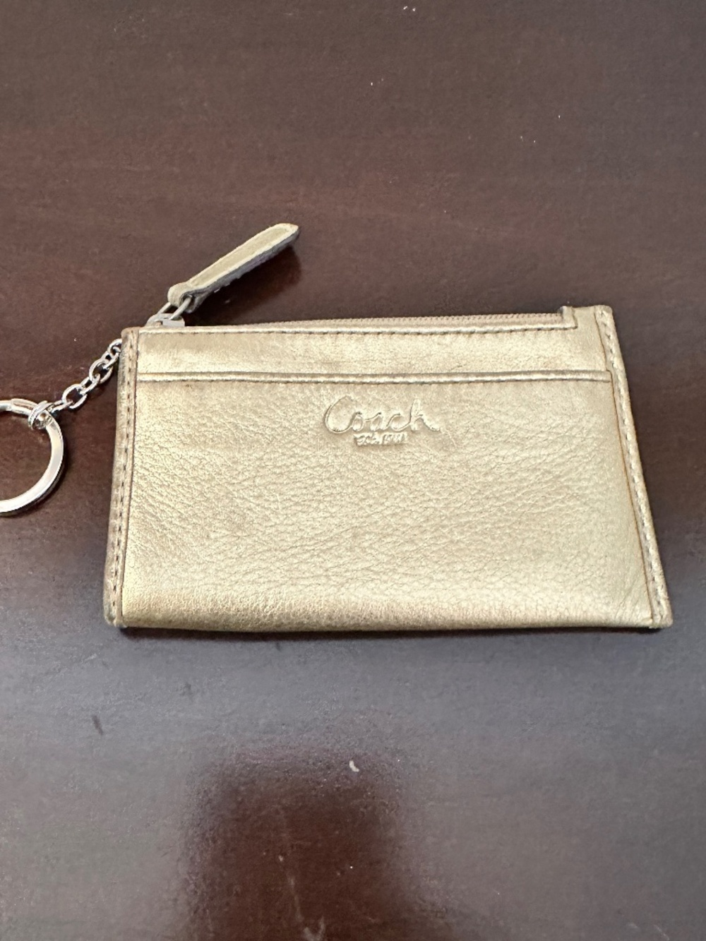 Coach Mini Skinny ID Case Metallic Gold Leather Split Key Ring Zip Wallet